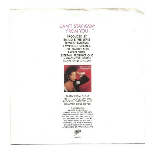 GLORIA ESTEFAN MSM CAN'T STAY AWAY ORIGINAL SINGLE FROM USA WITH PIC COVER - Picture 2 of 2