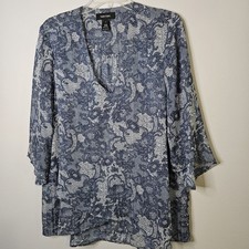 Karen Kane Blue White Paisley Lace Print Asymmetrical Sleeve Hi Low Hem Size L