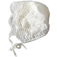 New Lace Bonnet baby OS Cream Floral Scalloped Christening Tie cotton photo