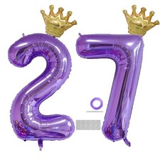 Purple 27 Number Balloon 40 inch Jumbo Foil Balloons with Detachable Crown Fo...