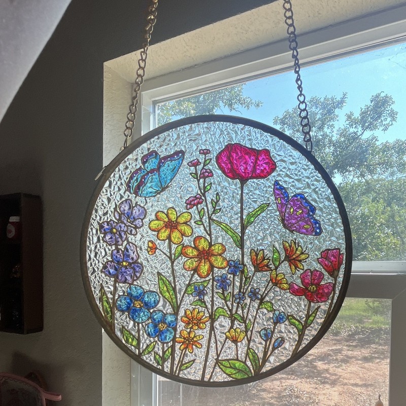 Round Multicolor Glass & Metal Suncatcher Floral Flowers Butterfly Design