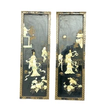 2- Vintage Oriental Geisha Asian 12"x36" Wall Panels Blk Lacquer Mother of Pearl