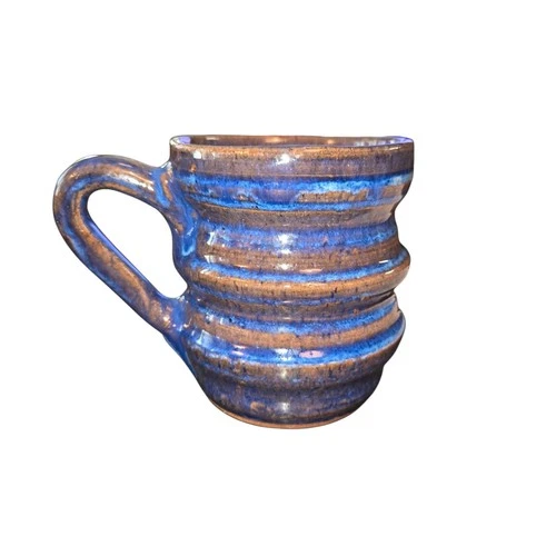 Signed Vintage 1994 Large Handmade Blue & Brown Glazed Ribbed Coffee Cup Mug