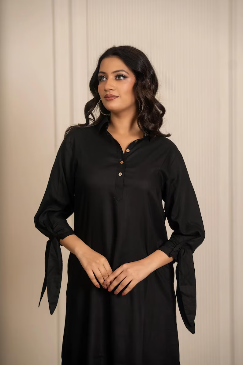 Solid Plain Black Rayon Shirt Style Dress, Women's Dress, Part boho dress