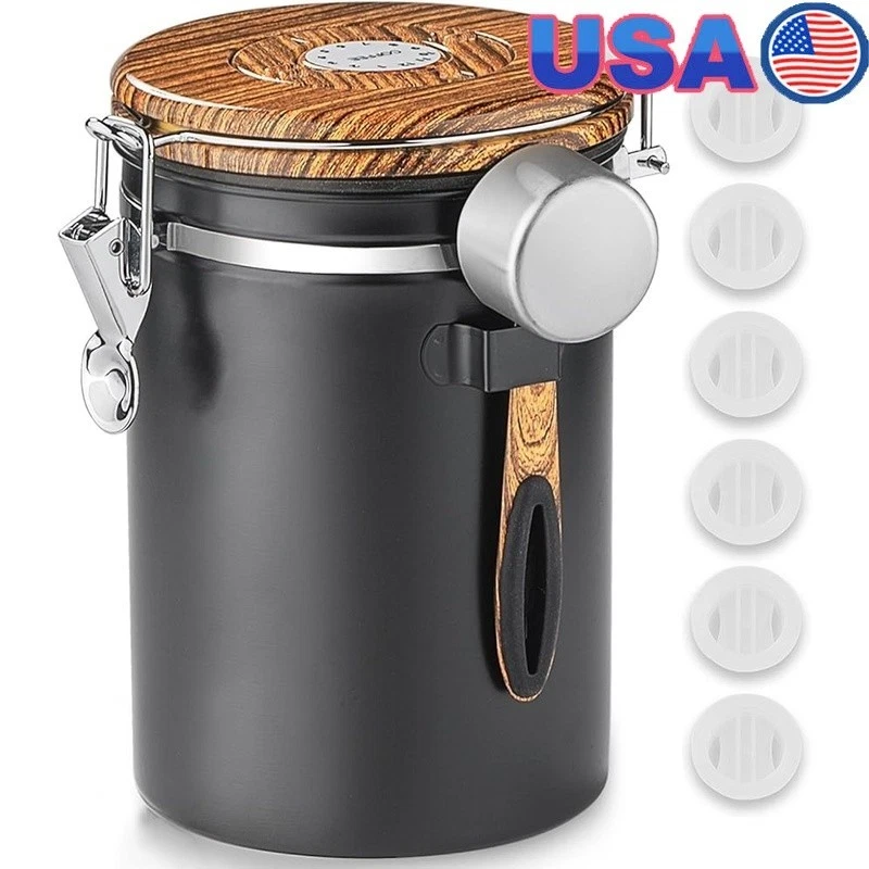 Airtight Coffee Canister W/ CO2 Valve Date Tracker Stainless Steel Storage Scoop