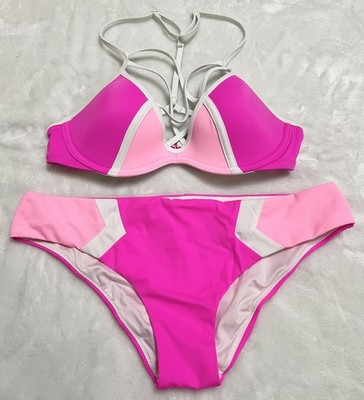 PINK Victorias Secret Womens Bikini Set Strappy Top XS Bottom S Swim Barbiecore