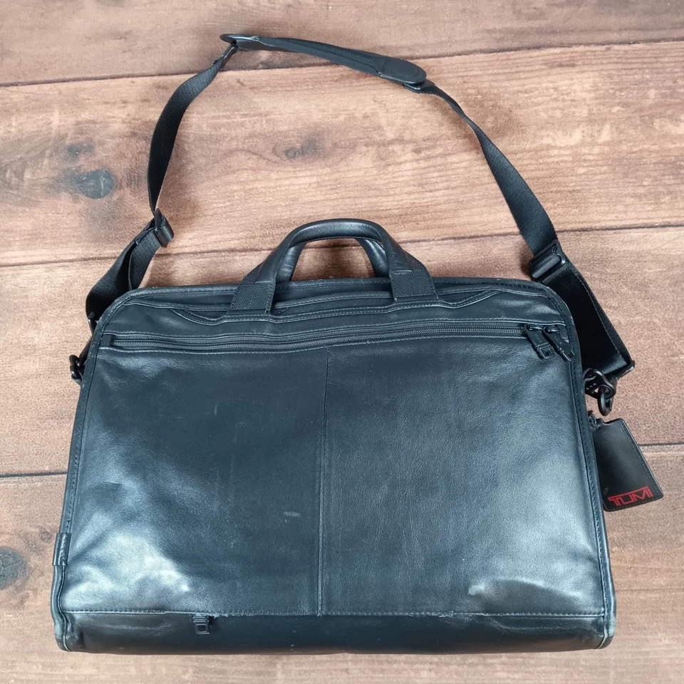 Tumi Black Leather Briefcase Laptop Bag Messenger Shoulder Strap Monogram BJL - Image 3 of 4