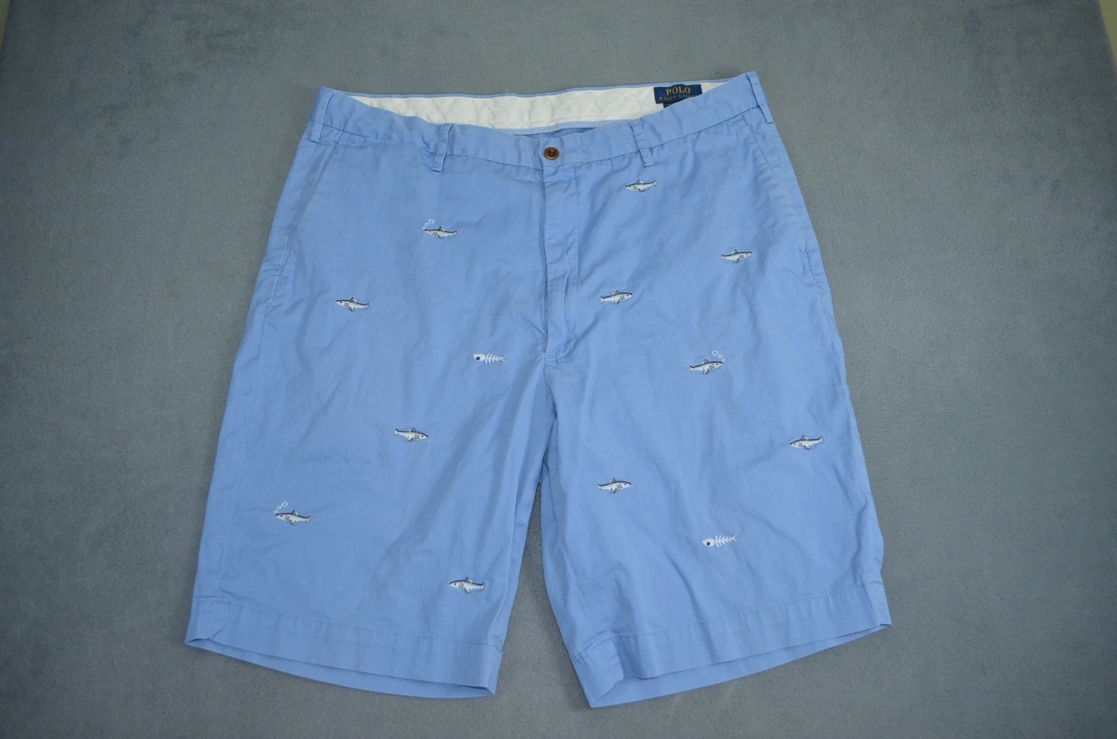Polo Ralph Lauren Chino Shorts Mens 38 Stretch Classic Fit Blue Embroidered Fish