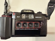 Nishika N8000 3D 35mm Black Camera w/ Case, unused Flash, Manuals & Accessories