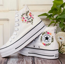 Platform Converse With Flowers, Bridal Flowers Embroidered Shoes for Bride