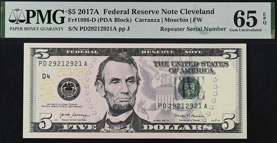 2017A $5 FRN PMG 66EPQ - Radar & Repeater Serial Number 29211292 - 29212921 - Image 4 of 4