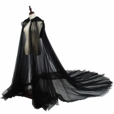 Women's Hooded Cloak Elegant Long Vintage Solid Color Tulle Cape Chic Black Red