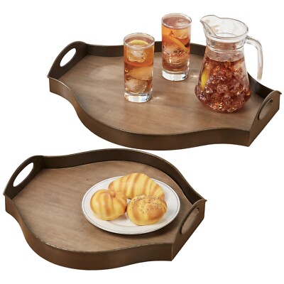 Breslin Serving Trays Metal And Natural Oak Bronze Set of Two