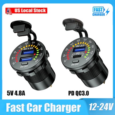 QC3.0 USB & Tye- C Car Fast Charger Socket Power Outlet LED Voltmeter Waterproof