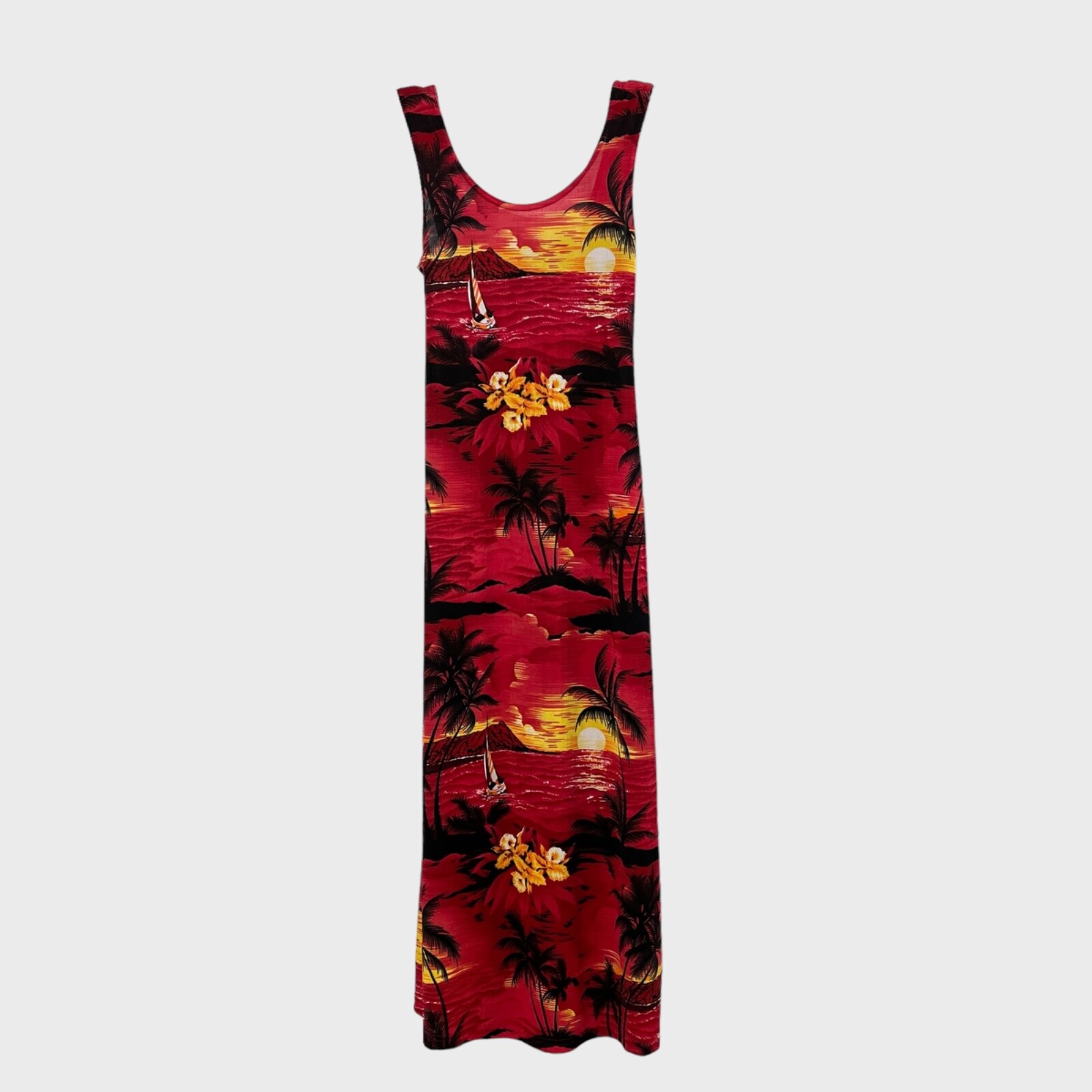 Sunset Dress Women's Medium Red Multi Tropical Floral Palm Sailing Sleeveless