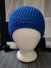 Unisex Crochet Brilliant Blue Beanie. Soft Stretchy. USA Made.