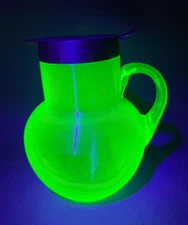 Art Deco Stevens & Williams Pitcher with Brass Lid Uranium Vaseline Ribbed Glass