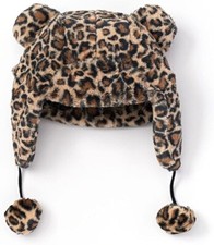 Girl's 4-7 Fleece-Lined Furry Leopard Trapper Hat with Fur Ball Strings