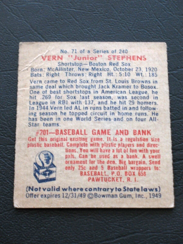 1949 Bowman #71 VERN "JUNIOR" STEPHENS Boston Red Sox Vintage 84407 - Image 2 of 2