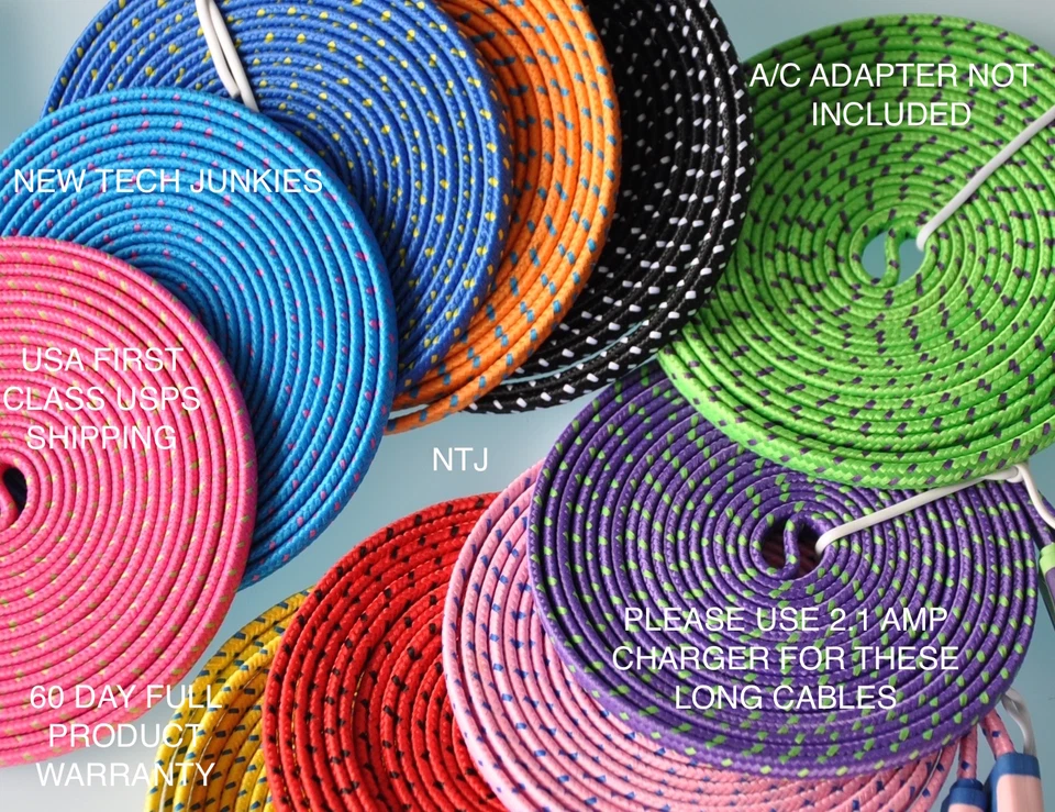 10FT LONG Flat Braided USB data power cord Charger Cable for iPhone 3 4 4S iPod - Image 2 of 4