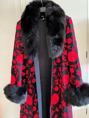 Designer Louise Kennedy Vintage Black Red Embroidered Coat Fur Trim size  M/L UK