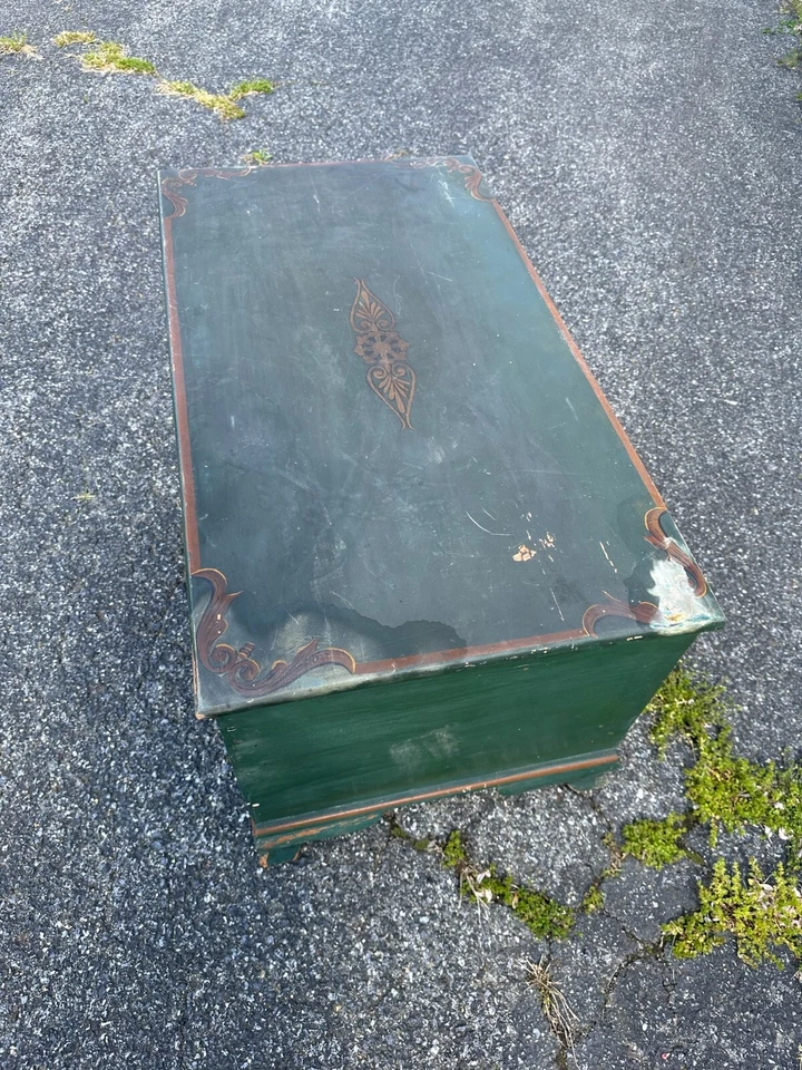 Antigua manta cofre caja madera 1800s 34x20 chippendale pintura verde decoración Foto 4 de 4