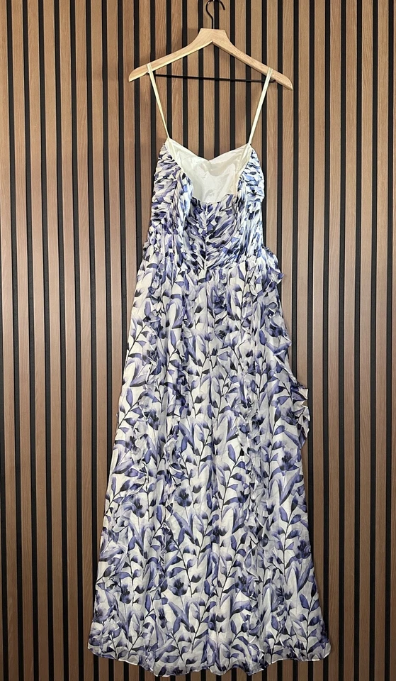 Платье Shoshanna 10 женщин синий белый макси с оборками без рукавов 100% шелк назад молнии - Изображение 2 из 4