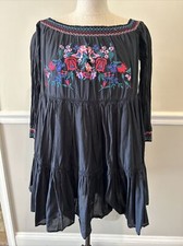 Free People black Off Shoulder Floral Embroidered Tiered Swing Dress XS