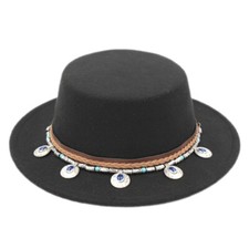 Women's Boater Sailor Hat Pork Pie Bowler Church Cap Flat Brim Ethnic Style Band
