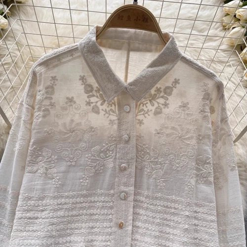 Lady Blouse Shirt Top Lace Floral Embroidery Button Ethnic Long Sleeve Basic New - Picture 13 of 31