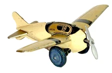 VINTAGE 1930s GESCHA BLACK & SILVER PLANE TIN LITHO WINDUP AIRPLANE - PENNY TOY