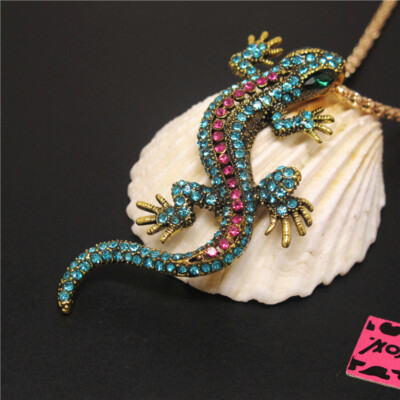 Hot Blue Crystal Rhinestone Lizard Gecko Fashion Womens Pendant Sweater Necklace