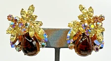 Juliana Regency Clip-on Earrings Topaz Glass Cabochon AB Earrings 1.5" Gold Tone