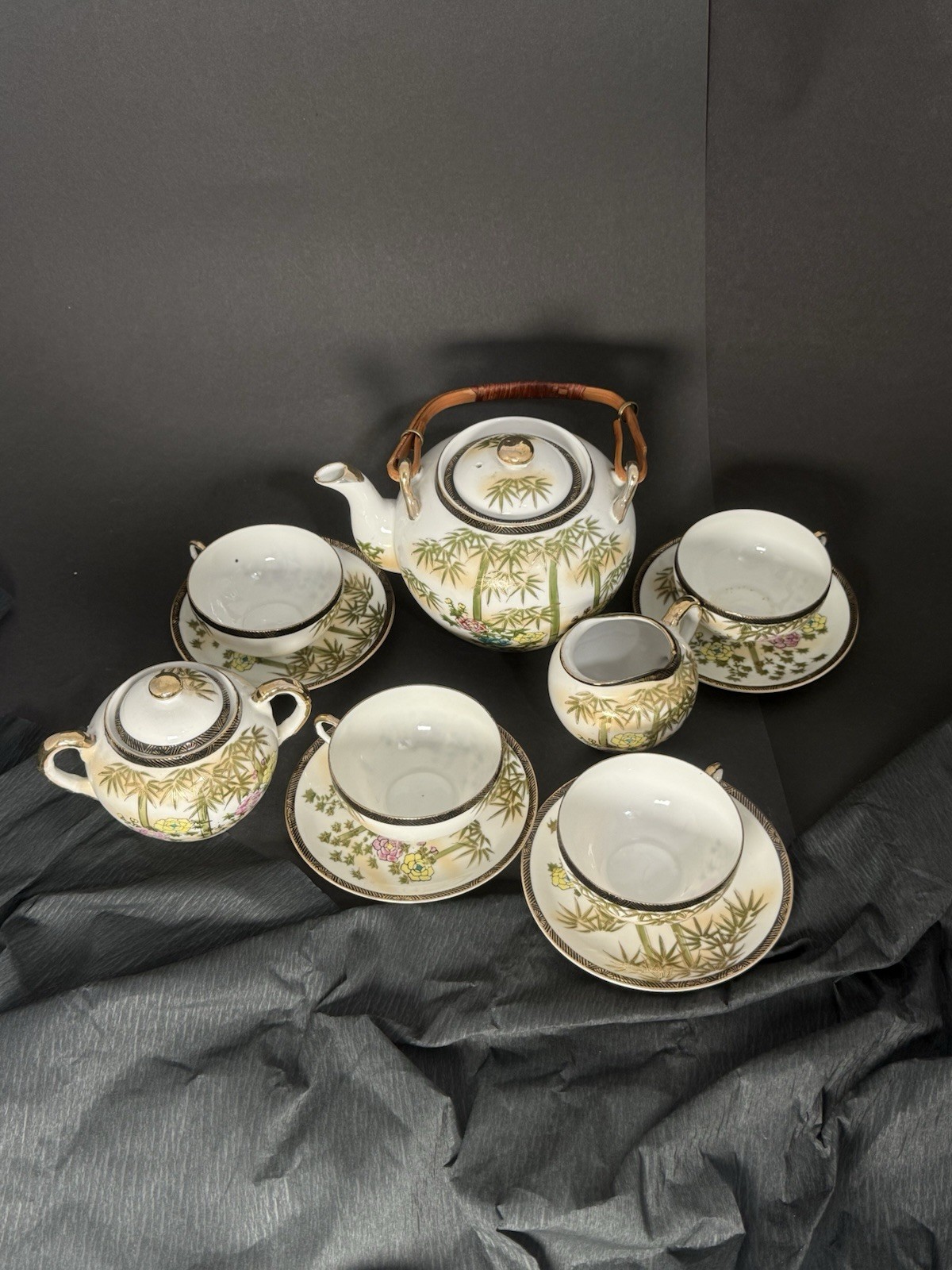 Japanese Eggshell Porcelain Tea Set, 1930s – Hand-Painted Bamboo & Peony Design