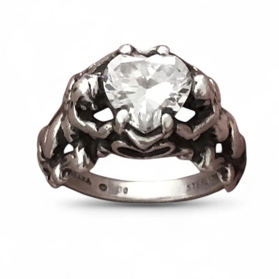 Anillo vintage Kabana plata esterlina querubín alado ángel forma corazón circonita cúbica talla 6,5 Foto 2 de 4