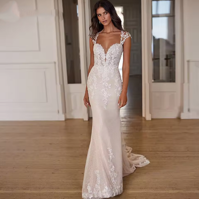 Glitter Mermaid Wedding Dresses for Women Cap Sleeves Button Lace Appliques  Robe | eBay
