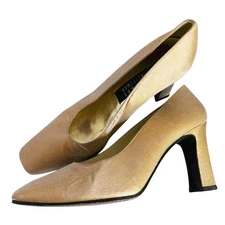 STUART WEITZMAN Vintage Gold Matte Shimmer Pumps Block Heel 8 Event Old Money