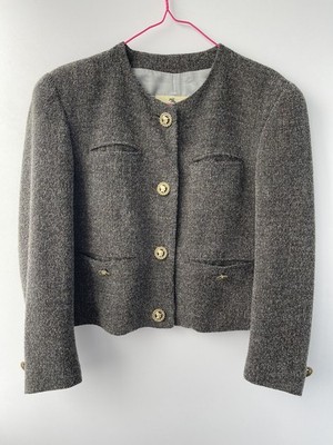 Vintage Piazza Delle Vittorie Virgin Wool Tweed Jacket 46( L )Italy Cropped Gray