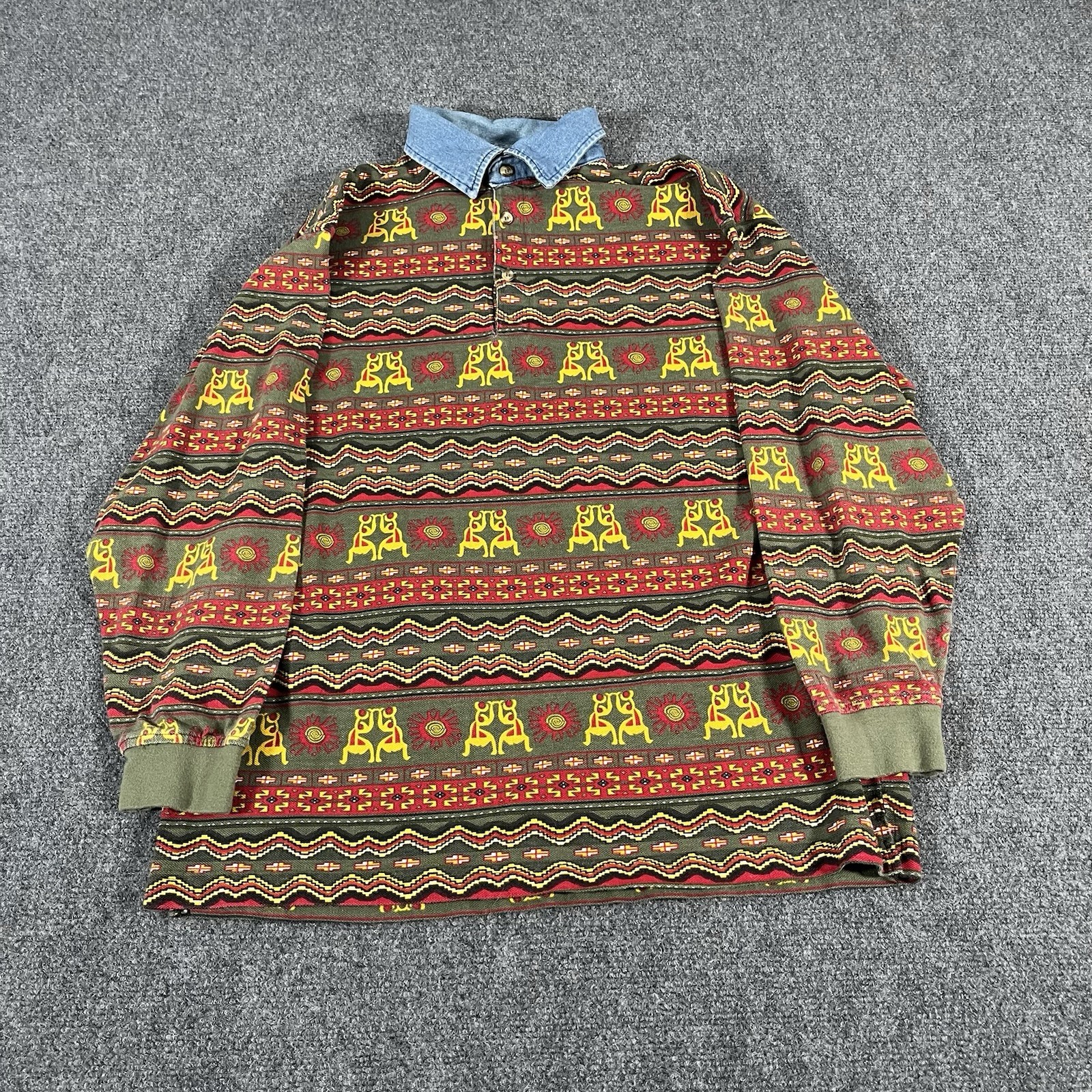 Vintage Aztec Polo Shirt Men’s Large 90s Y2K Geometric Long Sleeve Southwestern