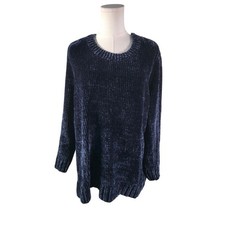 Orvis Navy Blue Chenille Knit Sweater Womens XXL Crew Neck Soft Pullover