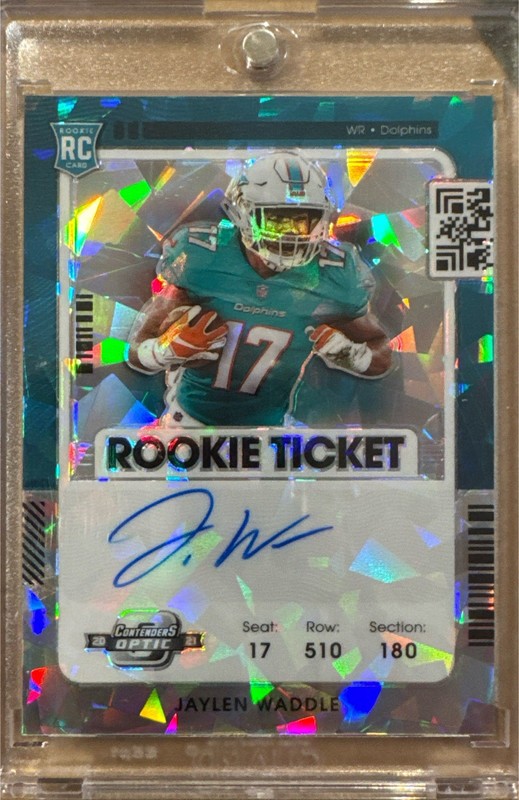 2021 Contenders Optic Cracked Ice Jaylen Waddle RC Rookie Ticket Auto Broncos