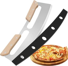 Sharp Pizza Cutter Stainless Steel Rocker Blade Knife Wooden Handle & Cover 14"