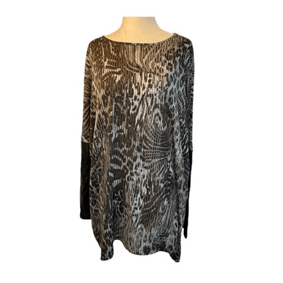 Clara Sun Woo Animal Print Top Black Brown White Knit Faux Leather Long Sleeves