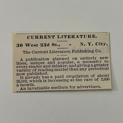 Current Literature Publishing Co. New York NY 1890 Newspaper Ad SAI9-S8