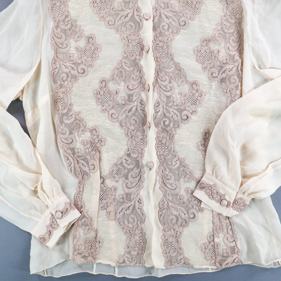 Vintage Silk Blouse Top Embroidered Sheer Net Lace Bodice 1940s Italy Collared - Image 3 of 4