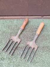 X2 Vintage Twisted Tine Garden Hand Forks Wooden Handles Old Tools (#259)