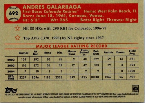 2021 Topps Chrome Platinum Anniversary #692 Andres Galarraga - Picture 2 of 2