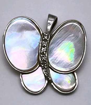 Vintage 1990er massive 925 Sterlingsilber & Perlmutt Schmetterling Brosche Anhänger