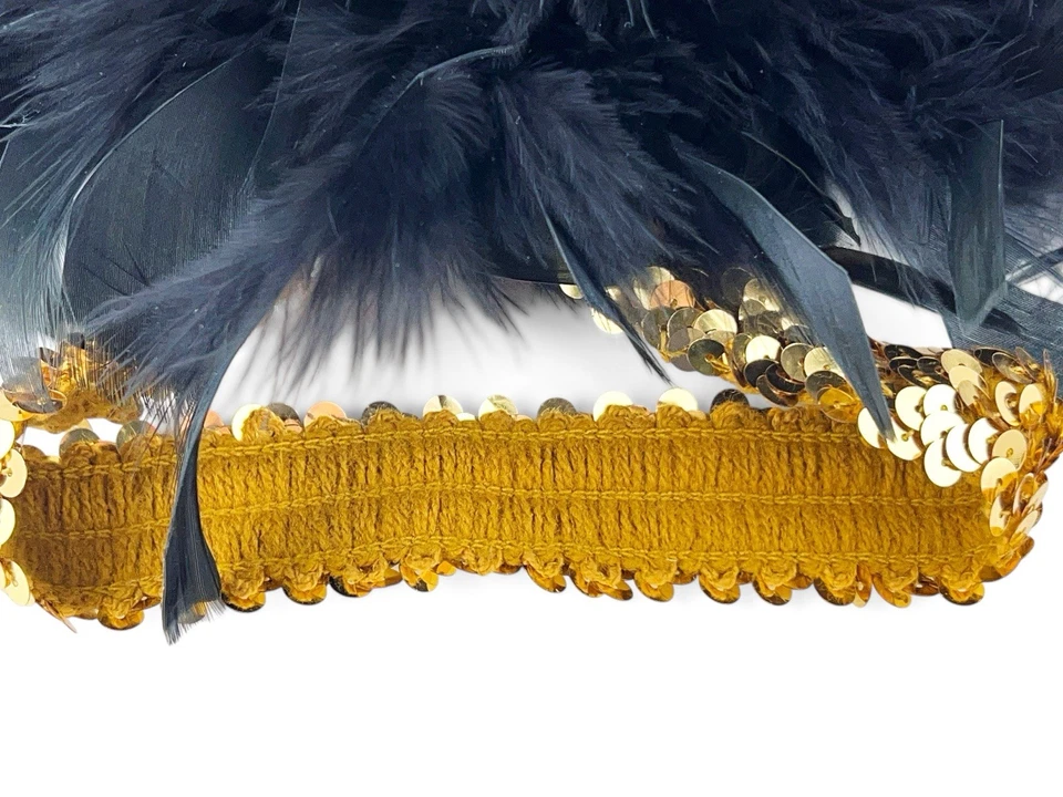 Vintage Burlesque Dancer Dance Costume Gold Sequin Headband Black Feathers - Image 3 of 4