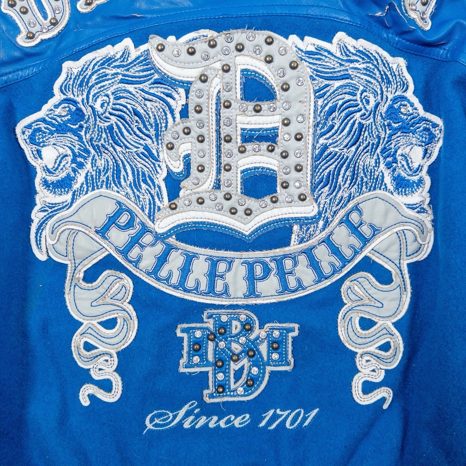 Pelle Pelle Detroit Jacket Men’s XL Blue Wool Leather Trim Studded Worn Vintage - Image 3 of 4